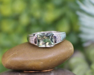 Anel de ouro branco 14K sólido corte esmeralda topázio verde perfeito e diamante tamanho 7 empilhável - Imagem 1 de 4