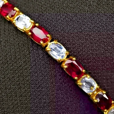 7Ct Oval Cut Lab-Created Red Ruby Women's Tennis Bracelet 14K Yellow Gold Plated - Image 1 of 4