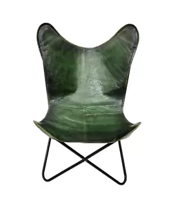 Vintage Buffalo Natural Green Leather Butterfly Chair Folding Lounge AccentChair - Picture 1 of 6