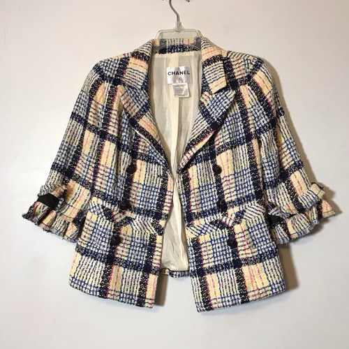 Giacca Chanel fantasia tweed doppiopetto dettaglio fiocco manica 3 4 taglia 36
