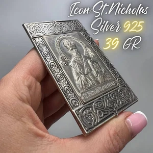 Ikone Vintage Nikolaus Christentum Sterling Silber 925 religiös signiert 39 gr - Bild 1 von 11