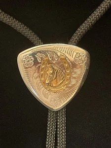 Western Tri-Color Horseshoe Head Round Bolo Tie Adjustable 36 inch Blk Cord VTG - Picture 1 of 14