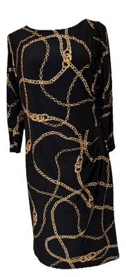 Vestido Lauren Ralph Lauren Negro Dorado Logo Cadena Lateral Acanalado Forrado Carrera Clásica Foto 1 de 4