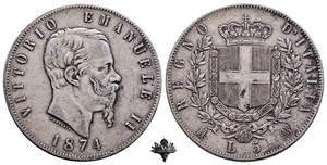 REGNO D'ITALIA 5 lire 1874 Milano ARGENTO Scudo Vittorio Emanuele II - Foto 1 di 4