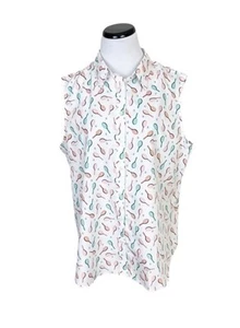 Lands End Tennis Racket Print Sleeveless Button Down Shirt Cotton White Size 18 - Picture 1 of 6