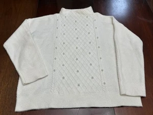 ANN TAYLOR Women's Cream White Pearlized Mock Neck Cable Sweater Large READ - Picture 1 of 14