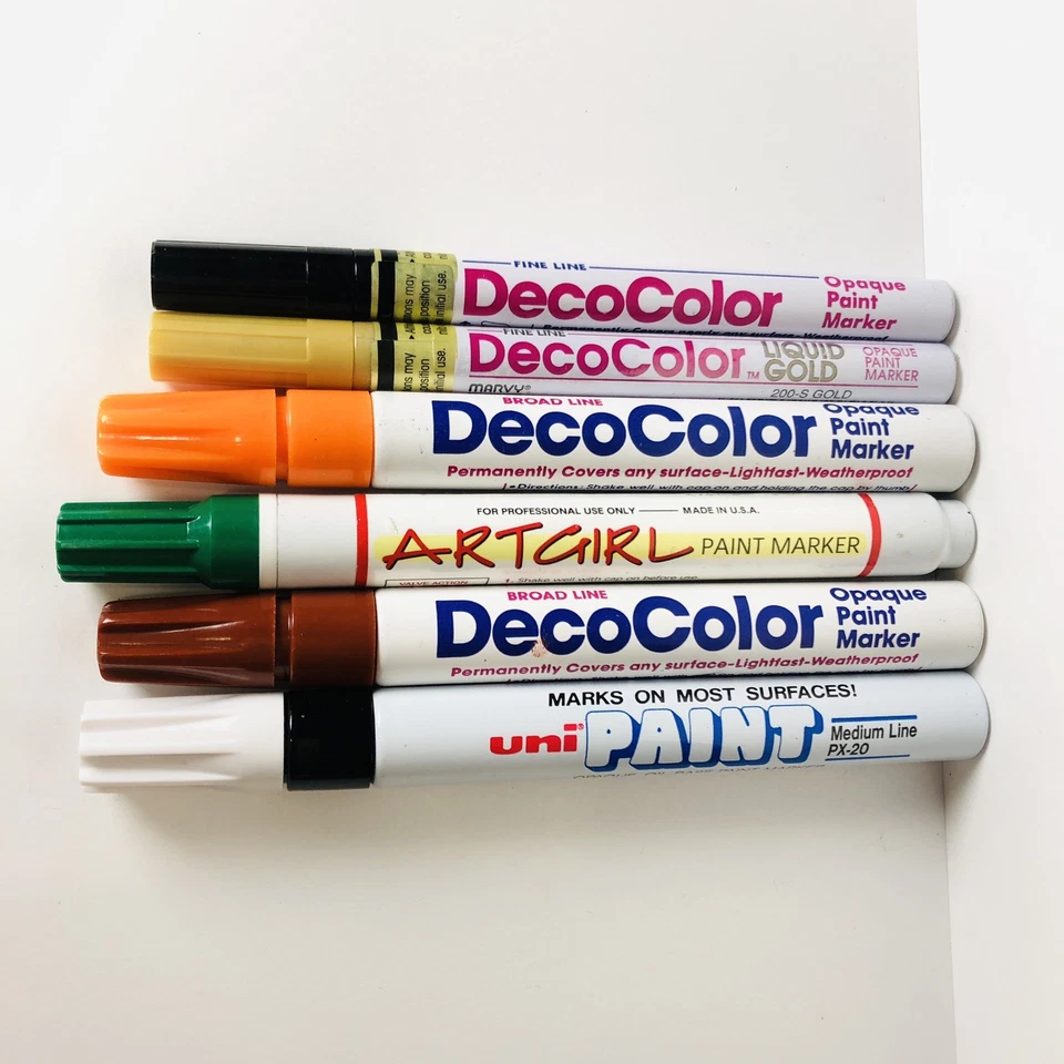 6 Used Paint Markers ArtGirl DecoColor UniPaint Black Gold Green Orange TESTED - Image 1 of 1