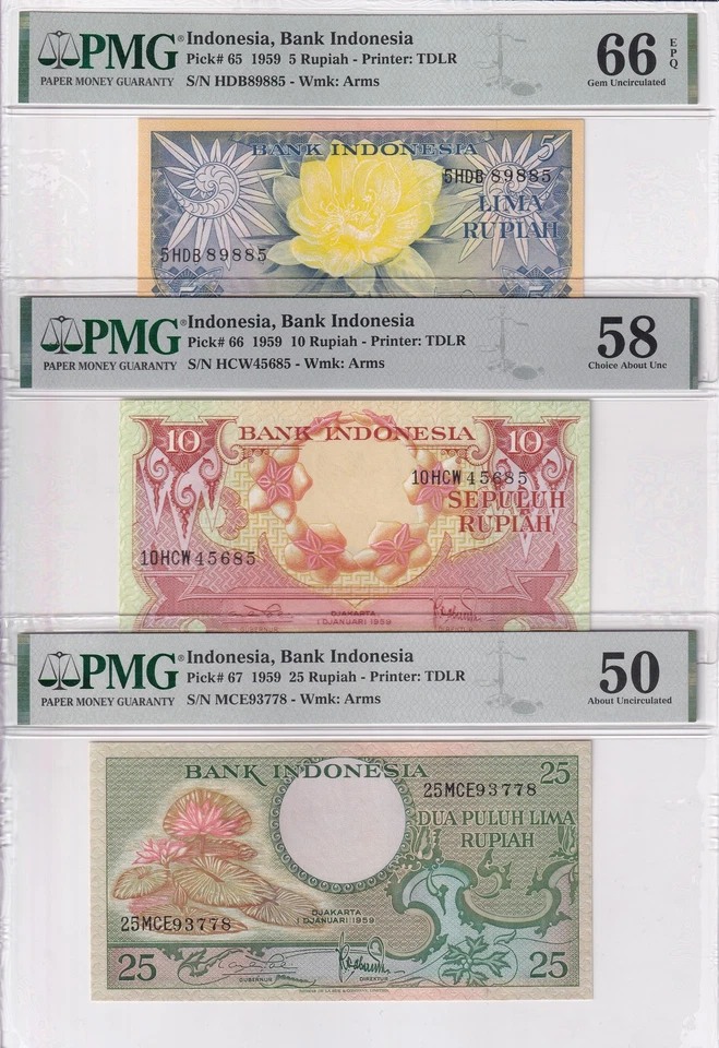 Indonesia Set 3; 5 10 25 Rupiah 1959 P 65 66 67 Choice UNC PMG 50 58 66 - Image 1 of 4