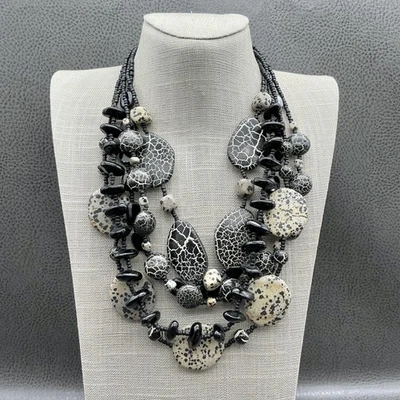Chico's Multi Strand Statement Necklace Black White Crackle Beads Bib Collar - Image 1 of 4