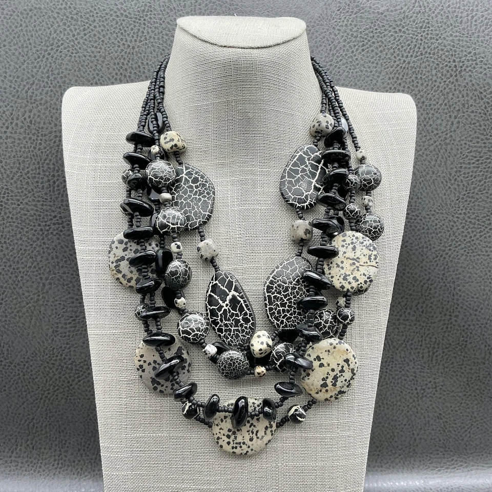 Chico's Multi Strand Statement Necklace Black White Crackle Beads Bib Collar - Image 1 of 4