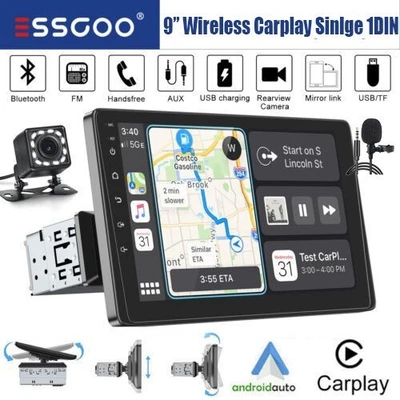9" 1 DIN Car Stereo Radio Wireless Carplay Android Auto Touch Screen BT +Camera - Image 1 of 4