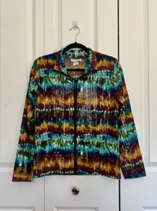 VTG Anne Ashley 80s Abstract Colored Clear Sequined Zip Up Jacket Size Medium - Picture 1 of 19