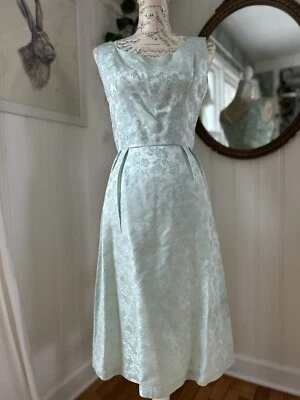 True Vintage 1960 Dress Brocade Damask Roses Sea Foam Green  Wiggle Sz S - Image 1 of 4