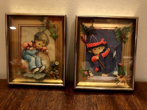 Vintage Children  3D Picture Framed Art- Girl Jumping Rope Boy Fishing Cover