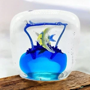 Paperweight Art Glass Square with Yellow Fish Blues Tones 3x3” Ocean Beach - Picture 1 of 7