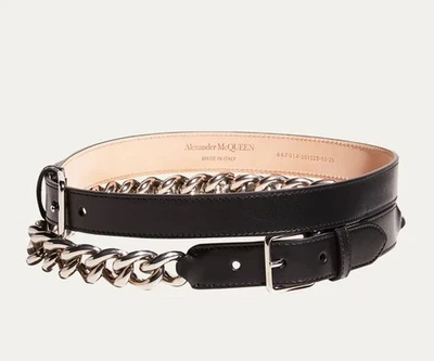 Cinturón doble de cuero negro Mcqueen con correa de cadena, 34 pulgadas de largo, 86 cm, nuevo sin etiquetas Foto 1 de 4