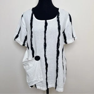 Top Compli K Mujer Pequeño Lino Rayas Manga Corta Lagenlook Parche Bolsillo - Imagen 1 de 13