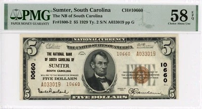 1929 type 2 Sumter, SC $5 note NB of SC CH#10660 PMG 58 EPQ - Image 1 of 2