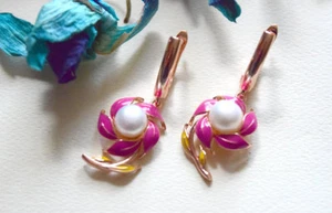 genuine pearl earrings with enamel Rose Gold Plated - Picture 1 of 3