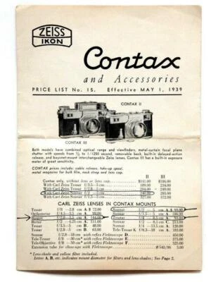 Very Clean Zeiss Ikon Contax and Accessories Price List No.15 1939 #P4338 - Image 1 of 2