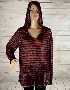 Camicia con cappuccio Threads 4 pensieri grande semi-velata grigio bordeaux a righe casual top - Foto 1 di 12