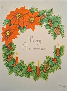 Tarjeta de Navidad vintage corona de acebo de pascua conos de pino velas vacaciones 5x4 - Imagen 1 de 3