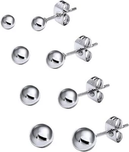 4 Pair Set of Round Ball Stud Earrings In Not Hollow Sterling Silver 3MM - 6MM - Picture 1 of 14