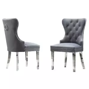 Tufted Dark Gray Velvet Side Chairs with Silver Stainless Steel (Set of 2) - Picture 1 of 2
