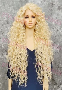 Light Blond Extra Long Spiral Curls Heat OK Lace Front Human Hair Blend Wig EVFZ - Picture 1 of 8