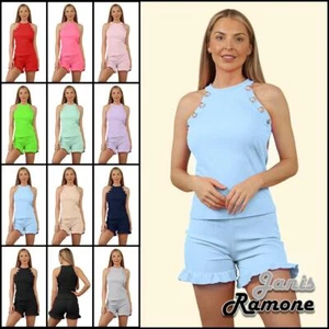 Conjunto corto acanalado para mujer Chaleco con botones dorados Top Volantes Pantalones cortos Co-ords 2 piezas Ropa de salón - Imagen 1 de 60