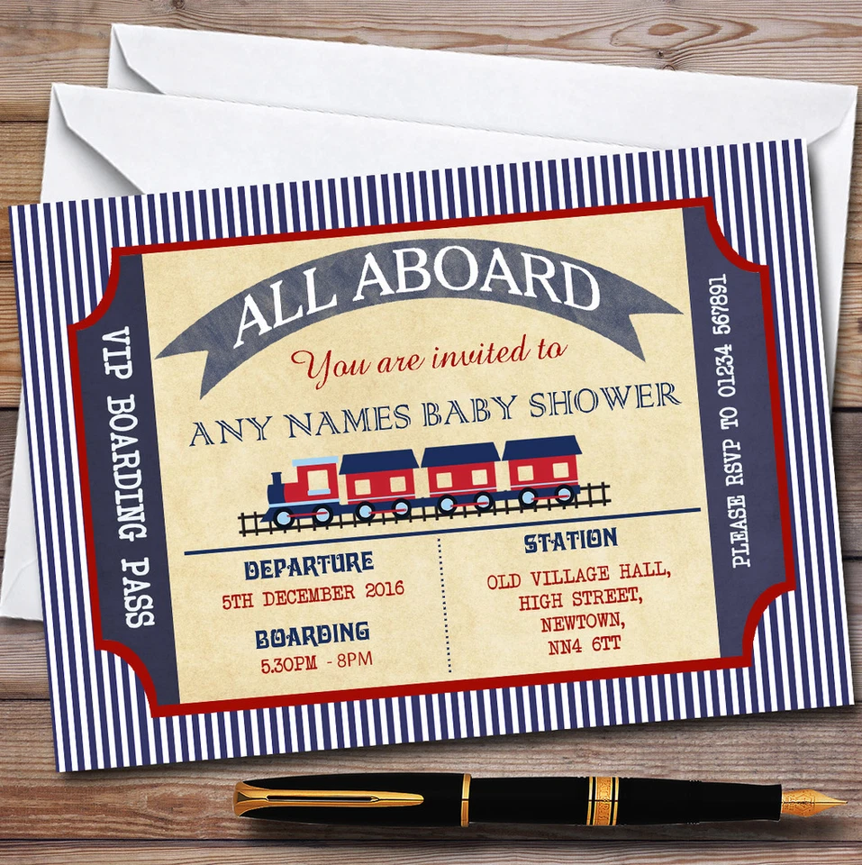 Tarjeta de embarque azul y roja invitaciones de tren baby shower invitaciones Foto 1 de 1