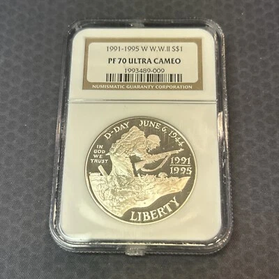 1991-1995 W S $1 World War 2 Anniversary PF70 PR70 Ultra Cameo Silver - Image 1 of 2