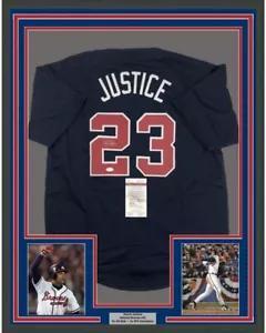 Framed Autographed/Signed David Justice 35x39 Atlanta Blue Jersey JSA COA - Picture 1 of 2