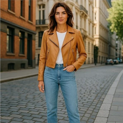 DKNY Carmel Tan Brown Satin Effect Moto Jacket  Rose Gold Hardware Size XS - Image 1 of 4