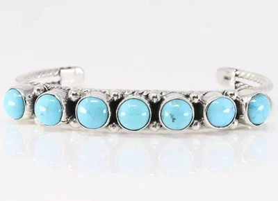 Sheena Jack Navajo Sterling Silver Cuff Bracelet w/7pc Sleeping Beauty Turquoise - Image 1 of 4