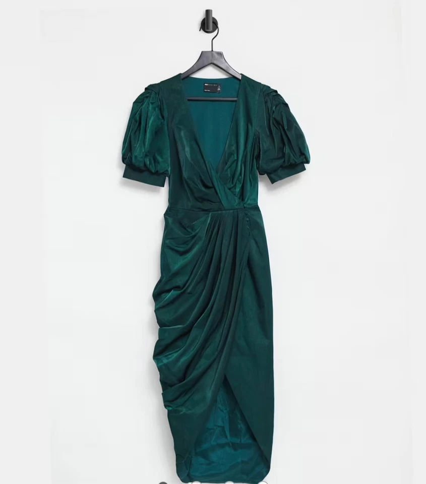 Vestido midi envolvente con drapeado estructurado verde manga abullonada de ASOS - talla 8 fiesta navideña Foto 1 de 4