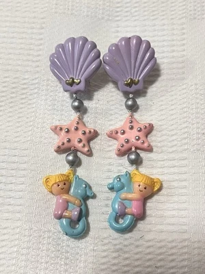 Vintage Bluebird Polly Pocket Seashell Dangly Clip On Earrings 1991      #2 - Image 1 of 3
