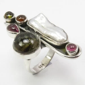 IN A DISCOUNTED PRICE Antique BIWA PEARL, TOURMALINE Ring Sz 5.25 925 Silver - Picture 1 of 2
