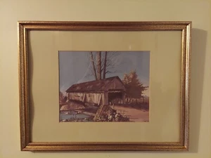 VINTAGE COVERED BRIDGE IN SPRING OIL ON CANVAS, SIGNED FRAMED GLASS COUNTRY FARM - Picture 1 of 11