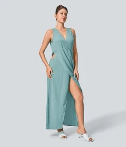 Halara Dress Womens Sz S V-neck Cut out Split Maxi Linen Feel Morning Dew Green - Picture 1 of 14