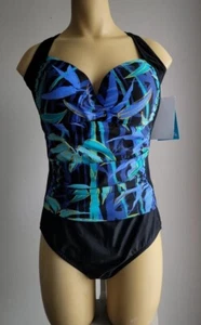 Azul by Maxine OF Hollywood Shirred Front One Piece Blue Floral Sz 14 Minimizer - Picture 1 of 12