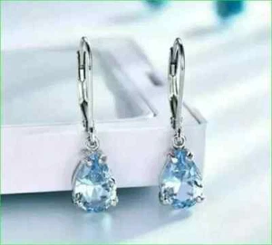 2Ct Pear Cut Lab Created Aquamarine Drop & Dangle Earrings 14K White Gold Plated - Picture 1 of 4