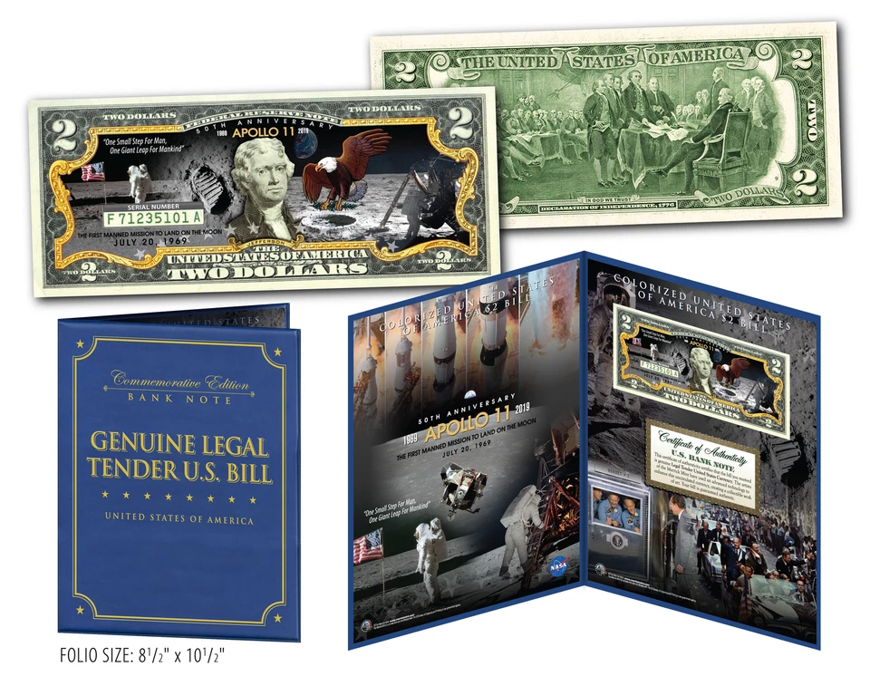 Billete de $2 genuino APOLLO 11 NASA aterrizaje lunar 50 aniversario con pantalla de 8x10 Foto 1 de 1