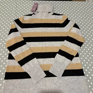 F&F 100% Cashmere Jumper Grey Stripes Roll Neck Bust 38” UK6 Loose Fit NEW - Picture 1 of 6
