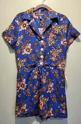 New Modcloth Linen Blend Romper Blue Orange Floral Pockets Tie Waist Sz 4 - Image 1 of 4