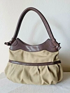 Vera Wang Simply Vera Brown Canvas Hobo Purse Faux Leather Trim Magnetic Closure - Picture 1 of 12