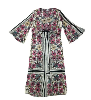 ZARA TRF Floral Estampado Largo Transparente Kimono con Cordón Botón Rayas Mangas Campana Foto 1 de 4