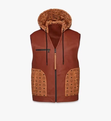 MCM Men’s Visetos Hooded Leather Vest Cognac Monogram Sleeveless Jacket - Image 1 of 3