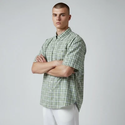 LL Bean Men's Comfort Stretch Chambray Shirt Untucked Fit SL Green Plaid - L - Image 1 of 4