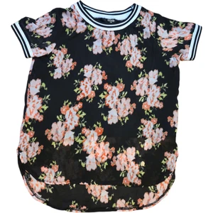 GUESS Kids S 7/8 Floral Mesh Jersey Top Girls Black Pink Sporty Sheer Tee Y2K - Picture 1 of 10